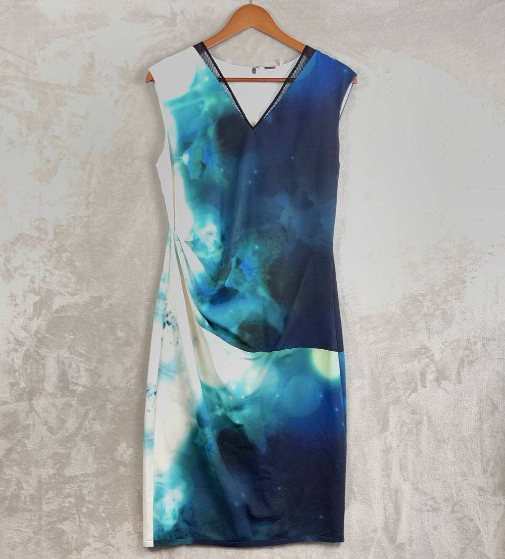 Elie Tahari Galaxy Sheath Dress Size 8 Mesh Trim Watercolor Contemporary Chic